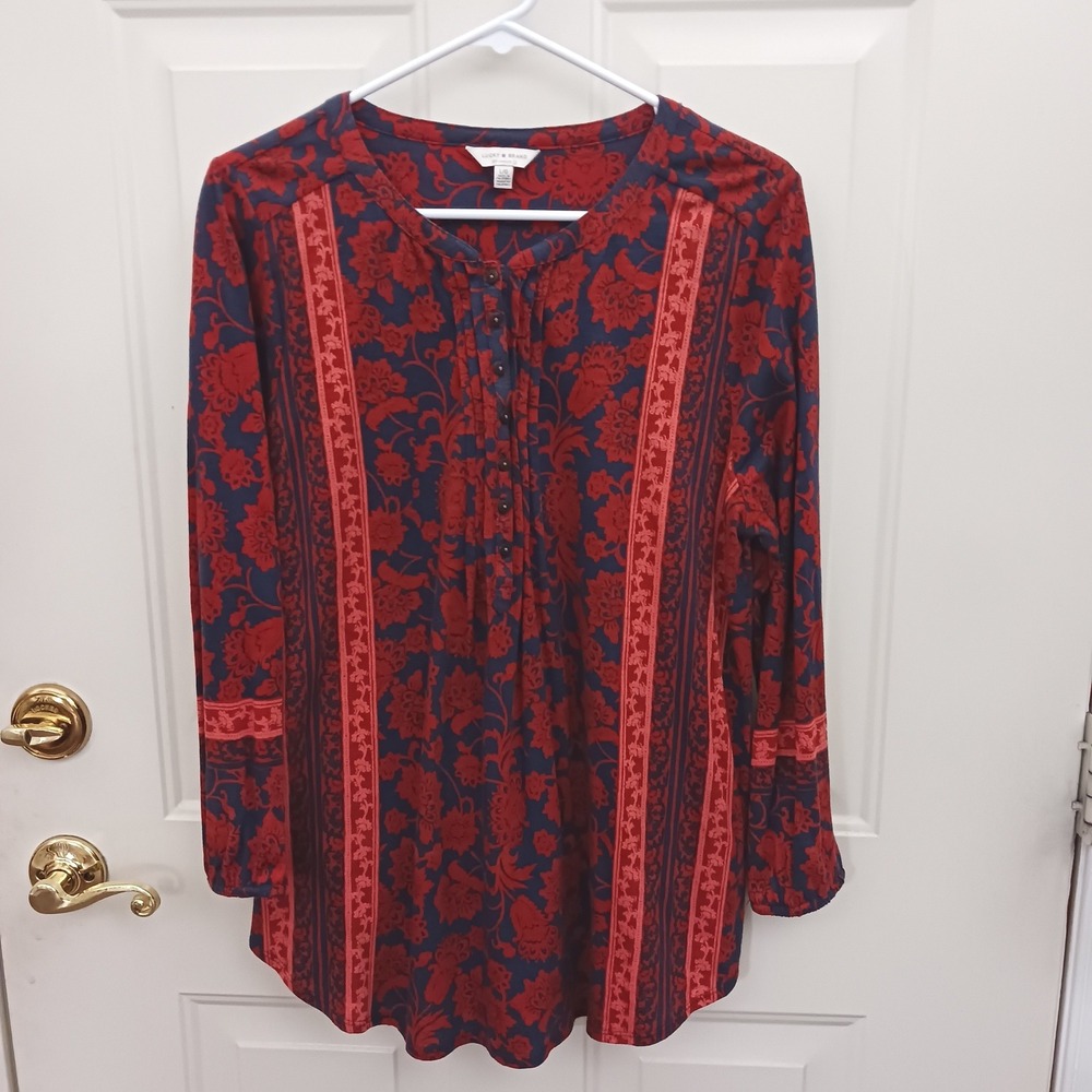 Lucky Brand Womens Red Navy Blue Floral Henley Long Sleeve Top 7WP6123 Large